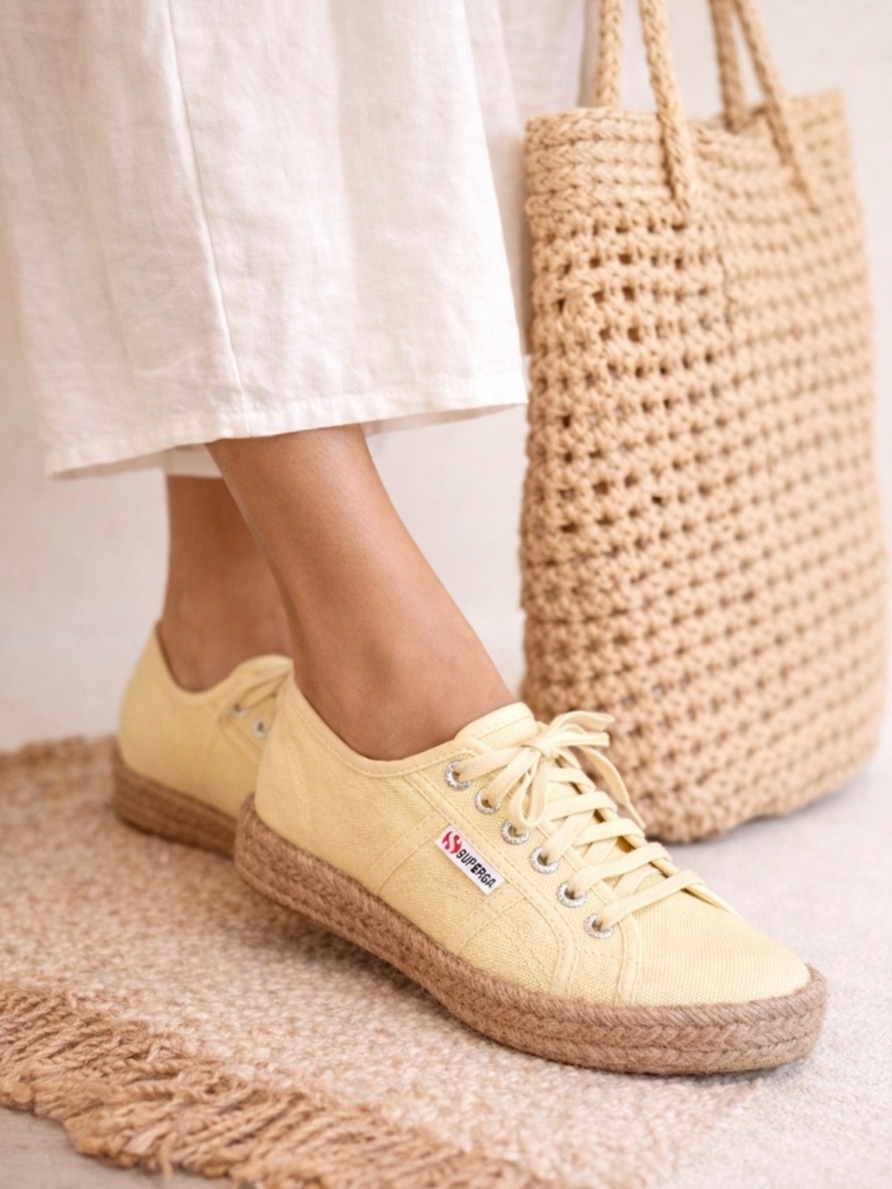 Superga Raffia Espadrille Sneakers Yellow Canvas Lace-Up EU 39.5 Summer Coastal